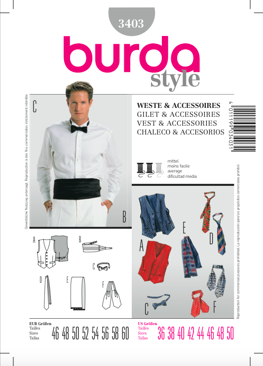 3403. Burda Herr - BURDA STYLE PATTERN 3403 , VEST & ACCESSORIES